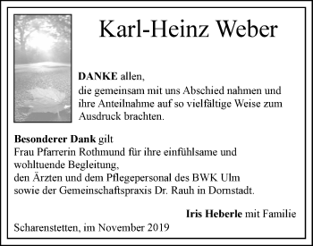 Traueranzeige von Karl-Heinz Weber von SÜDWEST PRESSE Ausgabe Ulm/Neu-Ulm