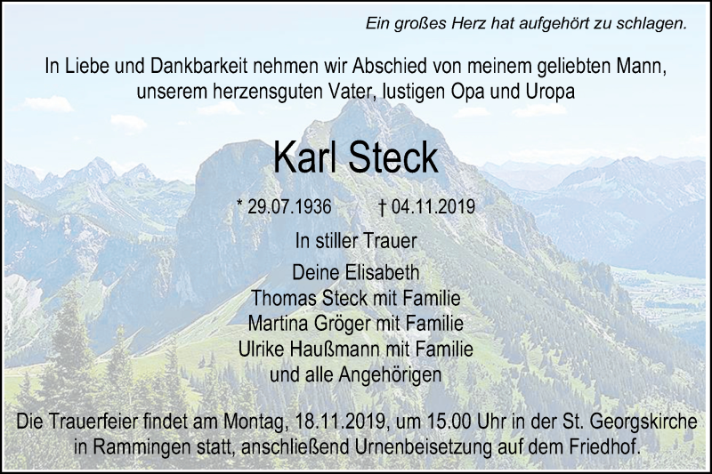  Traueranzeige für Karl Steck vom 14.11.2019 aus SÜDWEST PRESSE Ausgabe Ulm/Neu-Ulm