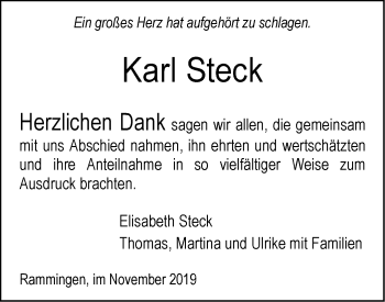 Traueranzeige von Karl Steck von SÜDWEST PRESSE Ausgabe Ulm/Neu-Ulm