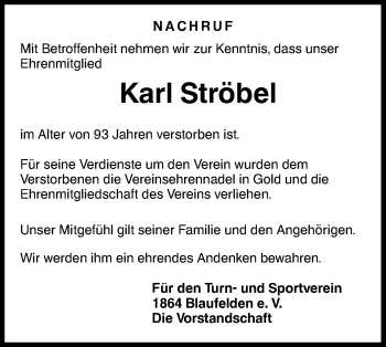 Traueranzeige von Karl Ströbel von Hohenloher Tagblatt