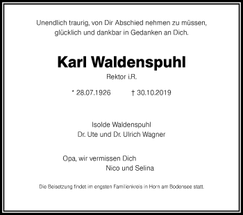 Traueranzeige von Karl Waldenspuhl von Hohenzollerische Zeitung