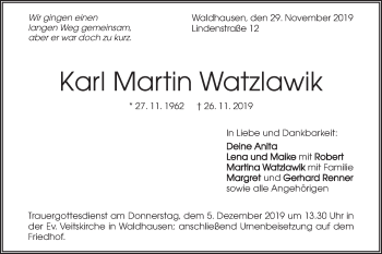 Traueranzeige von Karl Watzlawik von Geislinger Zeitung