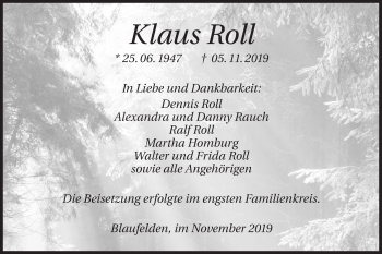 Traueranzeige von Klaus Roll von Hohenloher Tagblatt