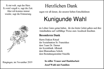 Traueranzeige von Kunigunde Wahl von Hohenzollerische Zeitung