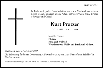 Traueranzeige von Kurt Protzer von Hohenloher Tagblatt