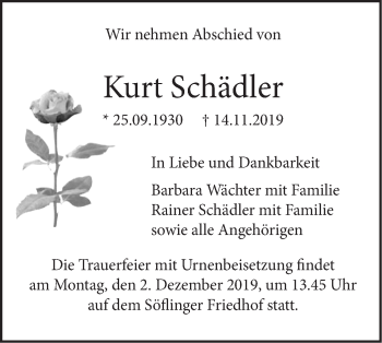 Traueranzeige von Kurt Schädler von SÜDWEST PRESSE Ausgabe Ulm/Neu-Ulm