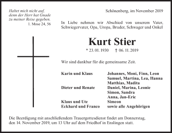 Traueranzeige von Kurt Stier von Haller Tagblatt