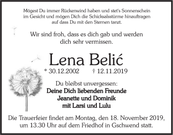 Traueranzeige von Lena Belic von Rundschau Gaildorf