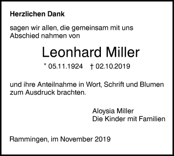 Traueranzeige von Leonhard Miller von SÜDWEST PRESSE Ausgabe Ulm/Neu-Ulm