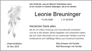 Traueranzeige von Leonie Breuninger von Haller Tagblatt