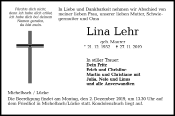 Traueranzeige von Lina Lehr von Hohenloher Tagblatt