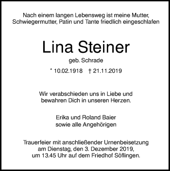 Traueranzeige von Lina Steiner von SÜDWEST PRESSE Ausgabe Ulm/Neu-Ulm