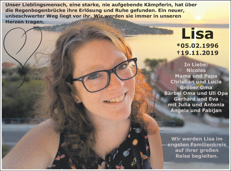  Traueranzeige für Lisa  vom 27.11.2019 aus SÜDWEST PRESSE Ausgabe Ulm/Neu-Ulm