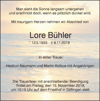 Traueranzeige von Lore Bühler von SÜDWEST PRESSE Ausgabe Ulm/Neu-Ulm