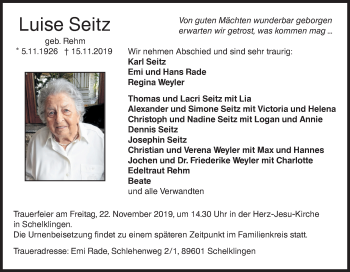 Traueranzeige von Luise Seitz von Ehinger Tagblatt