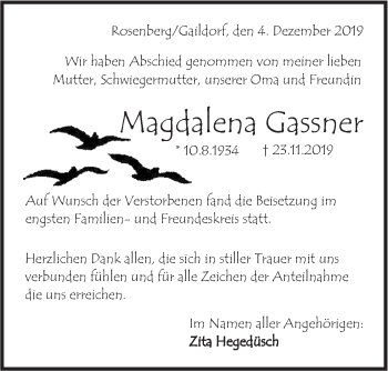 Traueranzeige von Magdalena Gassner von Rundschau Gaildorf