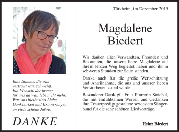 Traueranzeige von Magdalene Biedert von Geislinger Zeitung