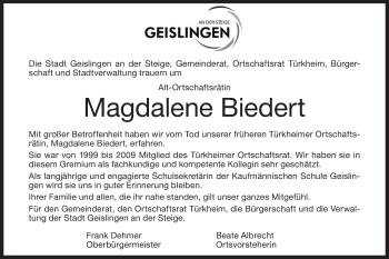 Traueranzeige von Magdalene Biedert von Geislinger Zeitung