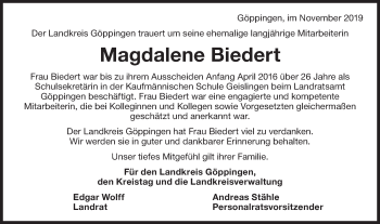 Traueranzeige von Magdalene Biedert von NWZ Neue Württembergische Zeitung/Geislinger Zeitung