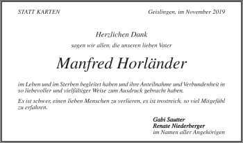 Traueranzeige von Manfred Horländer von Geislinger Zeitung