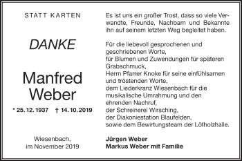 Traueranzeige von Manfred Weber von Hohenloher Tagblatt