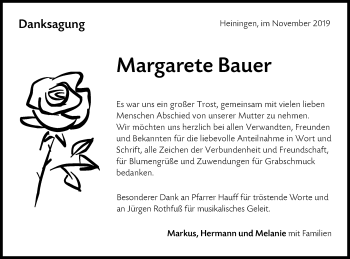 Traueranzeige von Margarete Bauer von NWZ Neue Württembergische Zeitung