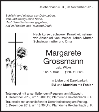 Traueranzeige von Margarete Grossmann von NWZ Neue Württembergische Zeitung