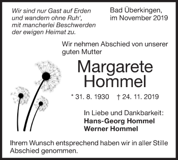 Traueranzeige von Margarete Hommel von Geislinger Zeitung