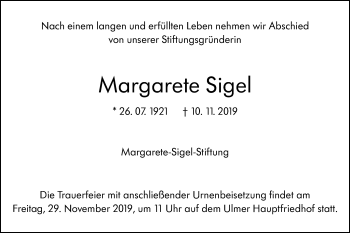 Traueranzeige von Margarete Sigel von SÜDWEST PRESSE Ausgabe Ulm/Neu-Ulm