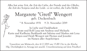 Traueranzeige von Margarete Wengert von SÜDWEST PRESSE Ausgabe Ulm/Neu-Ulm