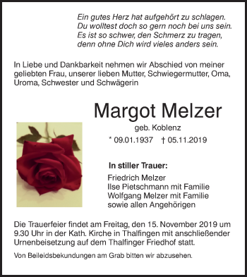 Traueranzeige von Margot Melzer von SÜDWEST PRESSE Ausgabe Ulm/Neu-Ulm