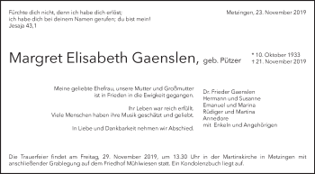 Traueranzeige von Margret Elisabeth Gaenslen von Metzinger-Uracher Volksblatt