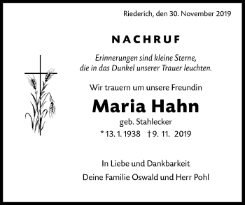 Traueranzeige von Maria Hahn von Metzinger-Uracher Volksblatt