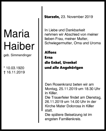 Traueranzeige von Maria Haiber von Hohenzollerische Zeitung