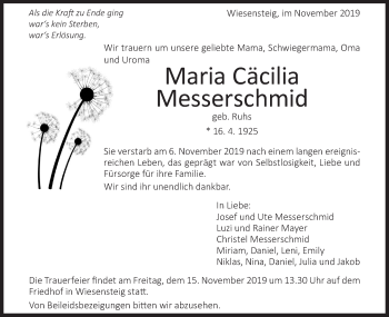 Traueranzeige von Maria Cäcilia Messerschmid von Geislinger Zeitung