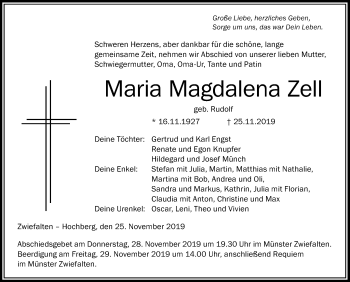 Traueranzeige von Maria Magdalena Zell von Alb-Bote/Metzinger-Uracher Volksblatt