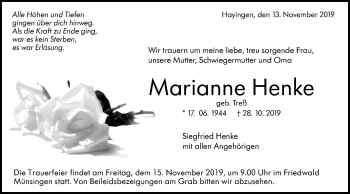 Traueranzeige von Marianne Henke von Alb-Bote/Metzinger-Uracher Volksblatt