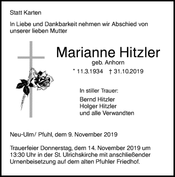 Traueranzeige von Marianne Hitzler von SÜDWEST PRESSE Ausgabe Ulm/Neu-Ulm