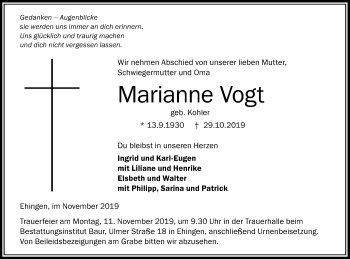 Traueranzeige von Marianne Vogt von Ehinger Tagblatt