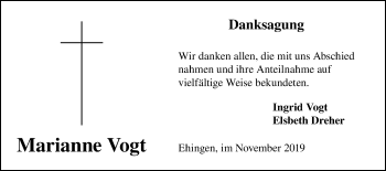 Traueranzeige von Marianne Vogt von Ehinger Tagblatt