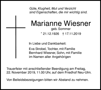 Traueranzeige von Marianne Wiesner von SÜDWEST PRESSE Ausgabe Ulm/Neu-Ulm