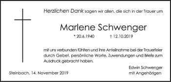 Traueranzeige von Marlene Schwenger von Haller Tagblatt