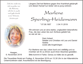 Traueranzeige von Marlene Sperling-Heidemann von Haller Tagblatt