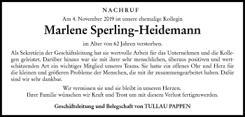 Traueranzeige von Marlene Sperling-Heidemann von Haller Tagblatt