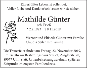 Traueranzeige von Mathilde Günter von SÜDWEST PRESSE Ausgabe Ulm/Neu-Ulm