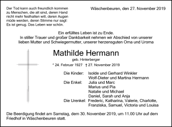 Traueranzeige von Mathilde Hermann von NWZ Neue Württembergische Zeitung