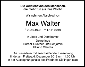 Traueranzeige von Max Walter von SÜDWEST PRESSE Ausgabe Ulm/Neu-Ulm