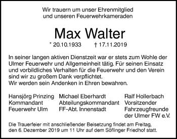 Traueranzeige von Max Walter von SÜDWEST PRESSE Ausgabe Ulm/Neu-Ulm