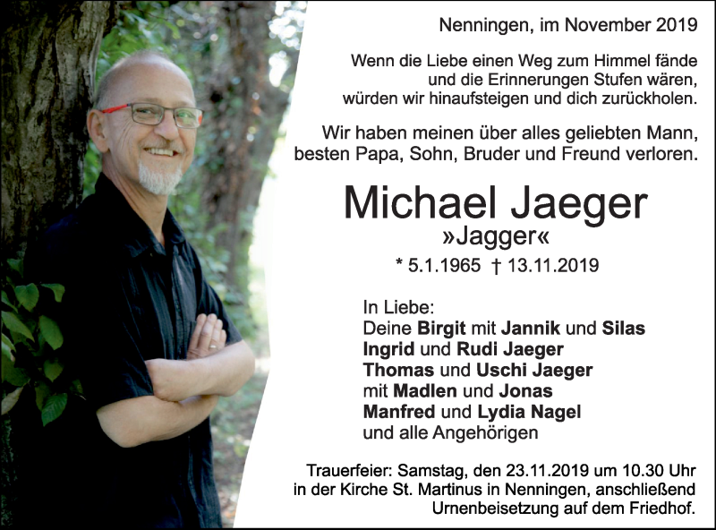  Traueranzeige für Michael Jaeger vom 19.11.2019 aus NWZ Neue Württembergische Zeitung