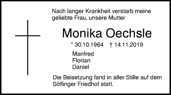 Traueranzeige von Monika Oechsle von SÜDWEST PRESSE Ausgabe Ulm/Neu-Ulm